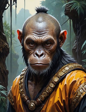 (head and shoulders portrait:1.5), (ape monk :1.1), wearing martial arts uniform , (2d:1.4), ink (medium), 2D illustration,  detailed  painting, epic comic book art, intricate and intense oil paint, dark sci-fi background, (art by James Gurney and John Berkey :1.8), symmetrical features, triadic color scheme, muted colors, detailed