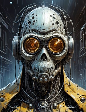 (head and shoulders portrait:1.4), (cybernetic organism:1.2),  Quantum Entropy Devourer, wearing goggles, (2d:1.4), ink (medium), 2D illustration,  detailed  painting, epic comic book art, intricate and intense oil paint, dark sci-fi background, (art by James Gurney and John Berkey :1.4), symmetrical features, triadic color scheme, muted colors, detailed