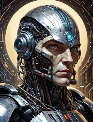 (head and shoulders portrait:1.4), (cybernetic organism:1.2), 1920s sci-fi warrior , retro space theme, silver, (2d:1.4), ink (medium), 2D illustration,  detailed  painting, epic comic book art, intricate and intense oil paint, dark sci-fi background, (art by Loish, Leyendecker, james gilleard, James Gurne, John Berkey :1.4), symmetrical features, triadic color scheme, muted colors, detailed