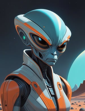 waist-up "gray space alien" by Syd Mead, alien desert planet, glowing eyes, solar punk, tangerine and teal cold color palette, muted colors, detailed, 8k