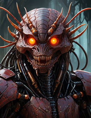 (head and shoulders portrait:1.4), (cybernetic organism:1.2),  red armored cybernetic centipede with glowing orange eyes, (2d:1.4), ink (medium), 2D illustration,  detailed  painting, epic comic book art, intricate and intense oil paint, dark sci-fi background, (art by James Gurney and John Berkey :1.4), symmetrical features, triadic color scheme, muted colors, detailed