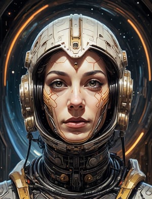 (head and shoulders portrait:1.4), 1920s sci-fi , face mask, (retro space theme:1.5) , (2d:1.4), ink (medium), 2D illustration,  detailed  painting, epic comic book art, intricate and intense oil paint, dark sci-fi background, (art by Loish, Leyendecker, james gilleard :1.4), symmetrical features, triadic color scheme, muted colors, detailed