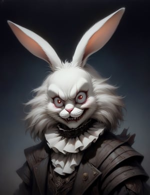 Close up, head and shoulders portrait, single anthropomorphic male Hybrid creature (maine coon cat:1.5) fused with (rabbit:2.6), (clown mask:1.2), horns , samaurai, glowing eyes, symmetrical featuers, (leather armor1.5) , (oil painting:2), thin and smooth lines, long strokes, light and delicate tones, clear contours, cinematic quality, dark background, dramatic lighting, art by Jeremy Mann, Peter Elson, Alex Maleev, Ryohei Hase, Raphael Sanzio, Pino Daheny, Charlie Bowater, Albert Joseph Penot, Ray Caesar, highly detailed, hr giger, gustave dore, Stephen Gammell, masterpiece of layered portrait art, techniques used: sfumato, chiaroscuro, atmospheric perspective, oil paint , esao andrews, oil painting ,style, concept