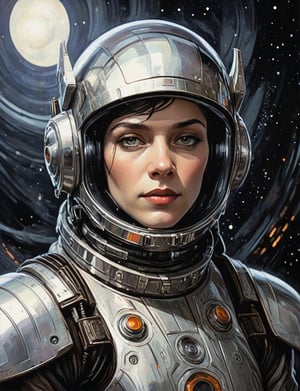 (head and shoulders portrait:1.4), 1920s sci-fi space cowboy , retro space theme, silver, (2d:1.4), ink (medium), 2D illustration,  detailed  painting, epic comic book art, intricate and intense oil paint, dark sci-fi background, (art by Loish, Leyendecker, james gilleard, James Gurne, John Berkey :1.4), symmetrical features, triadic color scheme, muted colors, detailed