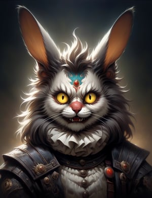 Close up, head and shoulders portrait, single anthropomorphic male Hybrid creature (maine coon cat:1.5) fused with (wolpertinger:2.6), (clown mask:1.2), horns , samaurai, glowing eyes, symmetrical featuers, (leather armor1.5) , (oil painting:2), thin and smooth lines, long strokes, light and delicate tones, clear contours, cinematic quality, dark background, dramatic lighting, art by Jeremy Mann, Peter Elson, Alex Maleev, Ryohei Hase, Raphael Sanzio, Pino Daheny, Charlie Bowater, Albert Joseph Penot, Ray Caesar, highly detailed, hr giger, gustave dore, Stephen Gammell, masterpiece of layered portrait art, techniques used: sfumato, chiaroscuro, atmospheric perspective, oil paint , esao andrews, oil painting ,style, concept