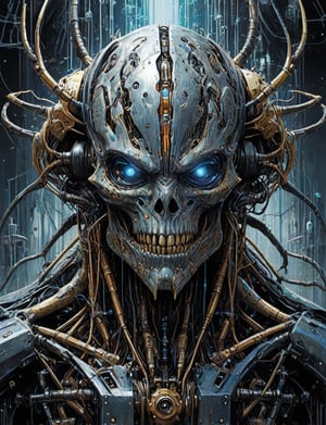 (head and shoulders portrait:1.4), (cybernetic organism:1.2),  Quantum Entropy Devourer, (2d:1.4), ink (medium), 2D illustration,  detailed  painting, epic comic book art, intricate and intense oil paint, dark sci-fi background, (art by James Gurney and John Berkey :1.4), symmetrical features, triadic color scheme, muted colors, detailed
