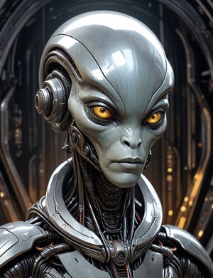 (head and shoulders portrait:1.4), 1920s sci-fi alien , (retro space theme:1.5), silver and black , (2d:1.4), ink (medium), 2D illustration,  detailed  painting, epic comic book art, intricate and intense oil paint, dark sci-fi background, (art by Loish, Leyendecker, james gilleard, James Gurne, John Berkey :1.4), symmetrical features, triadic color scheme, muted colors, detailed