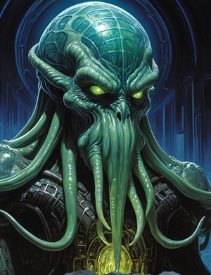 (Close up head and shoulders portrait :1.4), Cthulhu , super villain, uranium, glass, poison death, earth shattering ,dark and disturbing, shadow, webs , glowing azure , 2D illustration,  detailed  painting, epic comic book art, intricate and intense oil paint (art by Syd Mead:1.2), symmetrical features, triadic color scheme, muted colors, detailed, (art by bruce mccall:1.6)