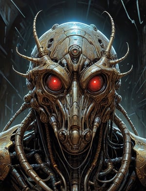 (head and shoulders portrait:1.4), (cybernetic organism:1.2),  armored cybernetic wood louse with glowing eyes, (2d:1.4), ink (medium), 2D illustration,  detailed  painting, epic comic book art, intricate and intense oil paint, dark sci-fi background, (art by James Gurney and John Berkey :1.4), symmetrical features, triadic color scheme, muted colors, detailed
