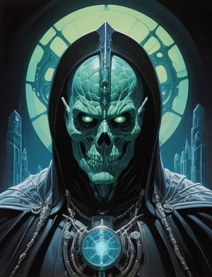 (Close up head and shoulders portrait :1.4), lich, super villain, uranium, glass, poison death, earth shattering ,dark and disturbing, shadow, webs , glowing azure , 2D illustration,  detailed  painting, epic comic book art, intricate and intense oil paint (art by Syd Mead:1.2), symmetrical features, triadic color scheme, muted colors, detailed, (art by bruce mccall:1.6)
