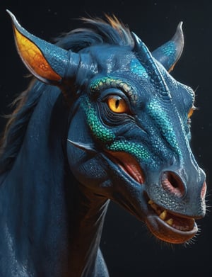 chimera (horse:1.2) merge (lizard:1) combo | large ears | dark background setting | roaring | bioluminesence | glowing eyes | stunning detail, (close up:2), creative, (detailed digital painting:3),  deep color, fantastical, intricate detail, splash screen, complementary colors, fantasy concept art, 8k resolution trending on Artstation Unreal Engine 5, detailed, masterpiece,oil painting