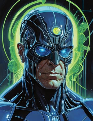 (Close up head and shoulders portrait :1.4), brain , super villain, uranium, glass, poison death, earth shattering ,dark and disturbing, shadow, webs , glowing azure , 2D illustration,  detailed  painting, epic comic book art, intricate and intense oil paint (art by Syd Mead:1.2), symmetrical features, triadic color scheme, muted colors, detailed, (art by bruce mccall:1.6)