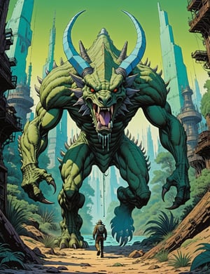 1980s style fantasy.oil painting.jungle scene, dynamic action scene. a large manticore monster , rabbit ears , the monster stands on multiple legs and has a long body with armored carapace shell and spikes running down its back, biomechanical robot, gears, steam, green chrome, It has an angular-like face with two black eyes and a mouth of jagged teeth and viscous fluid dripping from it. highly detailed, art by Jean Giraud ((Moebius style)), line ink illustration,highly detailed,  ink sketch,ink Draw,Comic Book-Style 2d,2d, pastel colors,anthro