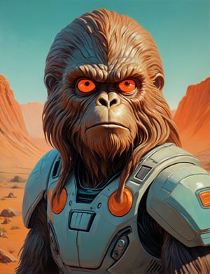Head and shoulders portrait, "space sasquatch" by Syd Mead, alien desert planet, glowing eyes, solar punk, tangerine and teal cold color palette, muted colors, detailed, 8k