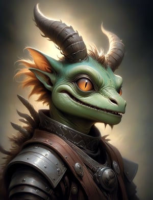 Close up, head and shoulders portrait, single anthropomorphic male Hybrid creature (gecko :1.5) fused with (wolpertinger:2.6), (dragon mask:1.2), horns , samaurai, glowing eyes, symmetrical features, (leather armor1.5) , (oil painting:2), thin and smooth lines, long strokes, light and delicate tones, clear contours, cinematic quality, dark background, dramatic lighting, art by Jeremy Mann, Peter Elson, Alex Maleev, Ryohei Hase, Raphael Sanzio, Pino Daheny, Charlie Bowater, Albert Joseph Penot, Ray Caesar, highly detailed, hr giger, gustave dore, Stephen Gammell, masterpiece of layered portrait art, techniques used: sfumato, chiaroscuro, atmospheric perspective, oil paint , esao andrews, oil painting ,style, concept