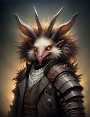 Close up, head and shoulders portrait, single anthropomorphic male Hybrid creature (echidna :1.5) fused with (wolpertinger:2.6), (dragon mask:1.2), ram horns on top of head , warrior, glowing eyes, symmetrical features, (leather armor1.5) , (oil painting:2), thin and smooth lines, long strokes, light and delicate tones, clear contours, cinematic quality, dark background, dramatic lighting, art by Jeremy Mann, Peter Elson, Alex Maleev, Ryohei Hase, Raphael Sanzio, Pino Daheny, Charlie Bowater, Albert Joseph Penot, Ray Caesar, highly detailed, hr giger, gustave dore, Stephen Gammell, masterpiece of layered portrait art, techniques used: sfumato, chiaroscuro, atmospheric perspective, oil paint , esao andrews, oil painting ,style, concept