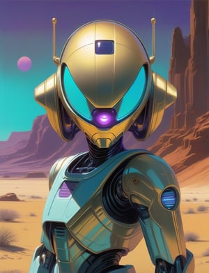 waist-up "golden robot" by Syd Mead, alien desert planet, glowing eyes, solar punk, violet and teal cold color palette, muted colors, detailed, 8k