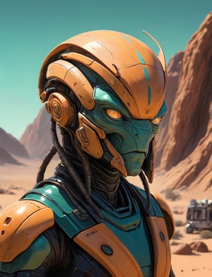 Head and shoulders portrait, "scorpion alien" by Syd Mead, alien desert planet, glowing eyes, solar punk, tangerine and teal cold color palette, muted colors, detailed, 8k,CuteCartoonAF