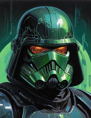 (Close up head and shoulders portrait :1.4), hooded Death Trooper , super villain, uranium, glass, poison death, earth shattering ,dark and disturbing, shadow, webs , glowing triadic colors , 2D illustration,  detailed  painting, epic comic book art, intricate and intense oil paint (art by Syd Mead:1.2), symmetrical features, triadic color scheme, muted colors, detailed, (art by bruce mccall:1.6)