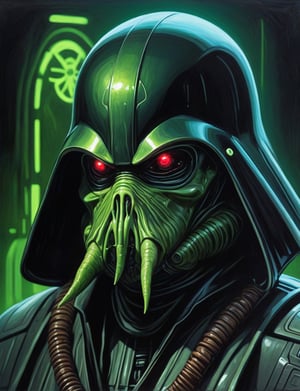 (Close up head and shoulders portrait :1.4), hooded Death Trooper (Cthulhu duck:1.15) , super villain, uranium, glass, poison death, earth shattering ,dark and disturbing, shadow, webs , glowing triadic colors , 2D illustration,  detailed  painting, epic comic book art, intricate and intense oil paint (art by Syd Mead:1.2), symmetrical features, triadic color scheme, muted colors, detailed, (art by bruce mccall:1.6)