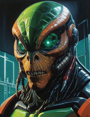 (Close up head and shoulders portrait :1.4), raptor , super villain, uranium, glass, poison death, earth shattering ,dark and disturbing, shadow, webs , glowing triadic colors , 2D illustration,  detailed  painting, epic comic book art, intricate and intense oil paint (art by Syd Mead:1.2), symmetrical features, triadic color scheme, muted colors, detailed, (art by bruce mccall:1.6)