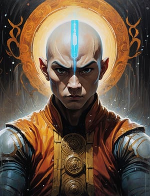 (head and shoulders portrait:1.5), (avatar aang :1.1), wearing martial arts uniform , (2d:1.4), ink (medium), 2D illustration,  detailed  painting, epic comic book art, intricate and intense oil paint, dark sci-fi background, (art by James Gurney and John Berkey :1.8), symmetrical features, triadic color scheme, muted colors, detailed