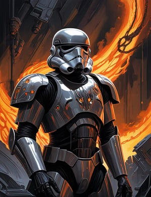 The Shadowflame stormtrooper wreathed in shadowy flames, its eyes glowing with an eerie light, massive tentacles, mix of bold dark lines and loose lines, bold lines, (2d:1.3), ink (medium), dark background, 2D illustration,  detailed  painting, epic comic book art, intricate and intense oil paint (art by Syd Mead:1.2), symmetrical features, triadic color scheme, muted colors, detailed, (art by bruce mccall:1.6)