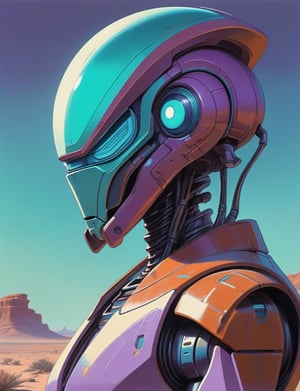 waist-up "rusted robot" by Syd Mead, alien desert planet, glowing eyes, solar punk, violet and teal cold color palette, muted colors, detailed, 8k