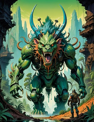 1980s style fantasy.oil painting.jungle scene, dynamic action scene. a large manticore monster , rabbit ears , the monster stands on multiple legs and has a long body with armored carapace shell and spikes running down its back, biomechanical robot, gears, steam, green chrome, It has an angular-like face with two black eyes and a mouth of jagged teeth and viscous fluid dripping from it. highly detailed, art by Jean Giraud ((Moebius style)), line ink illustration,highly detailed,  ink sketch,ink Draw,Comic Book-Style 2d,2d, pastel colors,anthro