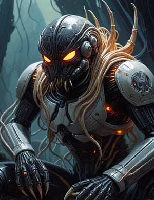 (Close up:1.4), The Shadowflame leviathan stormtrooper spider, wreathed in shadowy flames, its eyes glowing with an eerie light, tentacles, spiky thorny spaghetti wire , 2D illustration,  detailed  painting, epic comic book art, intricate and intense oil paint (art by Syd Mead:1.2), symmetrical features, triadic color scheme, muted colors, detailed, (art by bruce mccall:1.6)