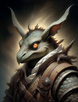 Close up, head and shoulders portrait, single anthropomorphic male Hybrid creature (turtle :1.5) fused with (wolpertinger:2.6), (dragon mask:1.2), ram horns on top of head , warrior, glowing eyes, symmetrical features, (leather armor1.5) , (oil painting:2), thin and smooth lines, long strokes, light and delicate tones, clear contours, cinematic quality, dark background, dramatic lighting, art by Jeremy Mann, Peter Elson, Alex Maleev, Ryohei Hase, Raphael Sanzio, Pino Daheny, Charlie Bowater, Albert Joseph Penot, Ray Caesar, highly detailed, hr giger, gustave dore, Stephen Gammell, masterpiece of layered portrait art, techniques used: sfumato, chiaroscuro, atmospheric perspective, oil paint , esao andrews, oil painting ,style, concept