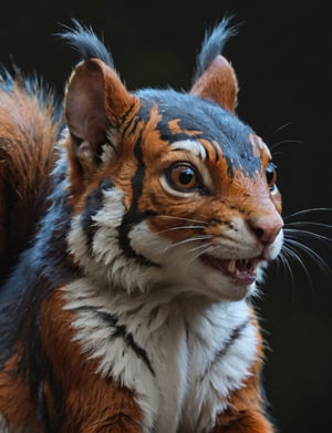 chimera (tiger:1) merge (squirrel:1.3) combo | large ears | long snout | dark background setting | bioluminesence | glowing eyes | stunning detail, (close up:2), creative, (detailed digital painting:3),  deep color, fantastical, intricate detail, splash screen, complementary colors, fantasy concept art, 8k resolution trending on Artstation Unreal Engine 5, detailed, masterpiece,oil painting