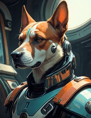 close up, head and shoulders portrait, anthropomorphic dog "male space marine" (art by Syd Mead:1.8), ship interrior, solar punk, tangerine and teal, cold color palette, muted colors, detailed, 8k