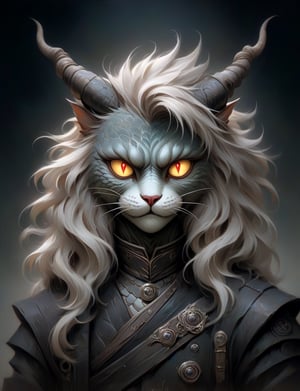 Close up, head and shoulders portrait, single anthropomorphic Hybrid creature (maine coon cat:1.5) fused with (dragon:2.6), (clay mask:1.2), horns , samaurai, glowing eyes, symmetrical featuers, (leather armor1.5) , (oil painting:2), thin and smooth lines, long strokes, light and delicate tones, clear contours, cinematic quality, dark background, dramatic lighting, art by Jeremy Mann, Peter Elson, Alex Maleev, Ryohei Hase, Raphael Sanzio, Pino Daheny, Charlie Bowater, Albert Joseph Penot, Ray Caesar, highly detailed, hr giger, gustave dore, Stephen Gammell, masterpiece of layered portrait art, techniques used: sfumato, chiaroscuro, atmospheric perspective, oil paint , esao andrews, oil painting ,style, concept