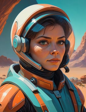 Head and shoulders portrait, "space ranger" by Syd Mead, alien desert planet, glowing eyes, solar punk, tangerine and teal cold color palette, muted colors, detailed, 8k