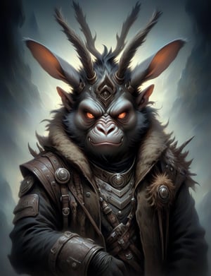 Close up, head and shoulders portrait, single anthropomorphic male Hybrid creature (gorilla :1.5) fused with (wolpertinger:2.6), (dragon mask:1.2), ram horns on top of head , warrior, glowing eyes, symmetrical features, (leather armor1.5) , (oil painting:2), thin and smooth lines, long strokes, light and delicate tones, clear contours, cinematic quality, dark background, dramatic lighting, art by Jeremy Mann, Peter Elson, Alex Maleev, Ryohei Hase, Raphael Sanzio, Pino Daheny, Charlie Bowater, Albert Joseph Penot, Ray Caesar, highly detailed, hr giger, gustave dore, Stephen Gammell, masterpiece of layered portrait art, techniques used: sfumato, chiaroscuro, atmospheric perspective, oil paint , esao andrews, oil painting ,style, concept