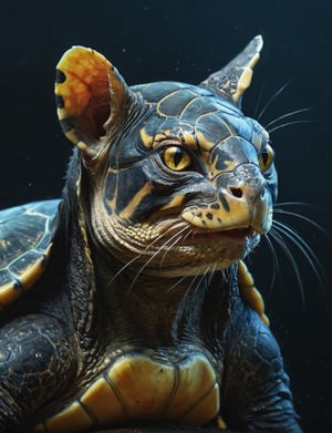 chimera (cat:1.1) merge (turtle:1.7) combo | large ears | dark background setting | roaring | bioluminesence | glowing eyes | stunning detail, (close up:2), creative, (detailed digital painting:3),  deep color, fantastical, intricate detail, splash screen, complementary colors, fantasy concept art, 8k resolution trending on Artstation Unreal Engine 5, detailed, masterpiece,oil painting