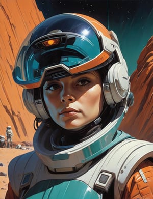 Head and shoulders portrait, "space engineer wearing lab coad" (art by Syd Mead:1.8), alien desert planet, solar punk, tangerine and teal cold color palette, muted colors, detailed, 8k