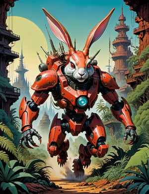 1980s style fantasy, oil painting, jungle scene, dynamic action scene, a large Rabbit monster , rabbit ears , a long body with armored carapace shell and spikes running down its back, biomechanical robot, gears, steam, red chrome, It has an angular-like face with two black eyes and a mouth of jagged teeth, highly detailed, art by Jean Giraud ((Moebius style)), line ink illustration,highly detailed,  ink sketch,ink Draw,Comic Book-Style 2d,2d, pastel colors,anthro