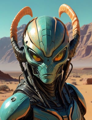 Head and shoulders portrait, "scorpion alien" by Syd Mead, alien desert planet, glowing eyes, solar punk, tangerine and teal cold color palette, muted colors, detailed, 8k