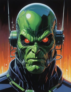 (Close up head and shoulders portrait :1.4), super villain, uranium, glass, poison death, earth shattering ,dark and disturbing, shadow, webs , 2D illustration,  detailed  painting, epic comic book art, intricate and intense oil paint (art by Syd Mead:1.2), symmetrical features, triadic color scheme, muted colors, detailed, (art by bruce mccall:1.6)