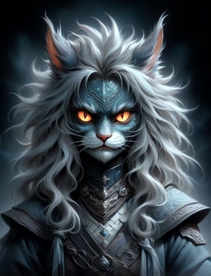 Close up, head and shoulders portrait, single anthropomorphic Hybrid creature (maine coon cat:1.5) fused with (dragon:2.6), (iron mask:1.2), horns , samaurai, glowing eyes, symmetrical featuers, (leather armor1.5) , (oil painting:2), thin and smooth lines, long strokes, light and delicate tones, clear contours, cinematic quality, dark background, dramatic lighting, art by Jeremy Mann, Peter Elson, Alex Maleev, Ryohei Hase, Raphael Sanzio, Pino Daheny, Charlie Bowater, Albert Joseph Penot, Ray Caesar, highly detailed, hr giger, gustave dore, Stephen Gammell, masterpiece of layered portrait art, techniques used: sfumato, chiaroscuro, atmospheric perspective, oil paint , esao andrews, oil painting ,style, concept