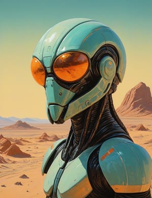Head and shoulders portrait, "scorpion alien" by Syd Mead, alien desert planet, glowing eyes, solar punk, tangerine and teal cold color palette, muted colors, detailed, 8k,in the style of kazimir malevich