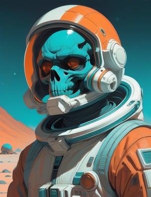 waist-up "astronaut wearing skull mask" by Syd Mead, alien desert planet, broken helmet tangerine and teal cold color palette, muted colors, detailed, 8k