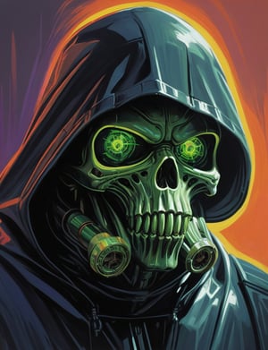 (Close up head and shoulders portrait :1.4), hooded skull Death Trooper Cthulhu , super villain, uranium, glass, poison death, earth shattering ,dark and disturbing, shadow, webs , glowing triadic colors , 2D illustration,  detailed  painting, epic comic book art, intricate and intense oil paint (art by Syd Mead:1.2), symmetrical features, triadic color scheme, muted colors, detailed, (art by bruce mccall:1.6)