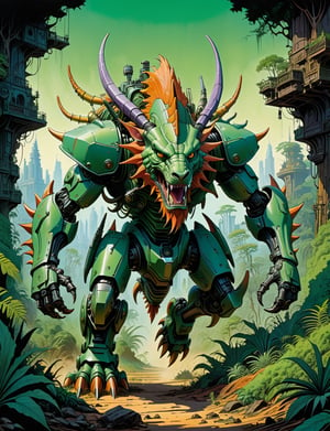1980s style fantasy, oil painting, jungle scene, dynamic action scene, a large manticore monster , rabbit ears , a long body with armored carapace shell and spikes running down its back, biomechanical robot, gears, steam, green chrome, It has an angular-like face with two black eyes and a mouth of jagged teeth, highly detailed, art by Jean Giraud ((Moebius style)), line ink illustration,highly detailed,  ink sketch,ink Draw,Comic Book-Style 2d,2d, pastel colors,anthro