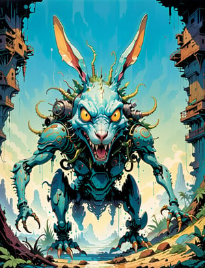 1980s style fantasy.oil painting.jungle scene, dynamic action scene. a large rabbit monster , rabbit ears , the monster stands on multiple legs and has a long body with armored carapace shell and spikes running down its back, biomechanical robot, gears, steam, blue chrome, It has an angular-like face with two black eyes and a mouth of jagged teeth and viscous fluid dripping from it. highly detailed, art by Jean Giraud ((Moebius style)), line ink illustration,highly detailed,  ink sketch,ink Draw,Comic Book-Style 2d,2d, pastel colors