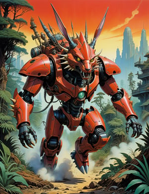 1980s style fantasy, oil painting, jungle scene, dynamic action scene, a large cat monster , rabbit ears , a long body with armored carapace shell and spikes running down its back, biomechanical robot, gears, steam, red chrome, It has an angular-like face with two black eyes and a mouth of jagged teeth, highly detailed, art by Jean Giraud ((Moebius style)), line ink illustration,highly detailed,  ink sketch,ink Draw,Comic Book-Style 2d,2d, pastel colors,anthro