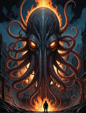 The Shadowflame leviathan wreathed in shadowy flames, its eyes glowing with an eerie light, massive tentacles, mix of bold dark lines and loose lines, bold lines, (2d:1.3), ink (medium), dark background, 2D illustration,  detailed  painting, epic comic book art, intricate and intense oil paint (art by Syd Mead:1.2), symmetrical features, triadic color scheme, muted colors, detailed, (art by bruce mccall:1.6)