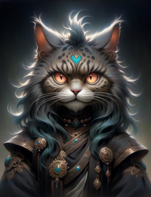 Close up, head and shoulders portrait, single anthropomorphic Hybrid creature (maine coon cat:1.8) fused with (jaguar:2.6), (oni mask:1.2), horns , samaurai, glowing eyes, symmetrical featuers, (leather armor1.5) , (oil painting:2), thin and smooth lines, long strokes, light and delicate tones, clear contours, cinematic quality, dark background, dramatic lighting, art by Jeremy Mann, Peter Elson, Alex Maleev, Ryohei Hase, Raphael Sanzio, Pino Daheny, Charlie Bowater, Albert Joseph Penot, Ray Caesar, highly detailed, hr giger, gustave dore, Stephen Gammell, masterpiece of layered portrait art, techniques used: sfumato, chiaroscuro, atmospheric perspective, oil paint , esao andrews, oil painting ,style, concept